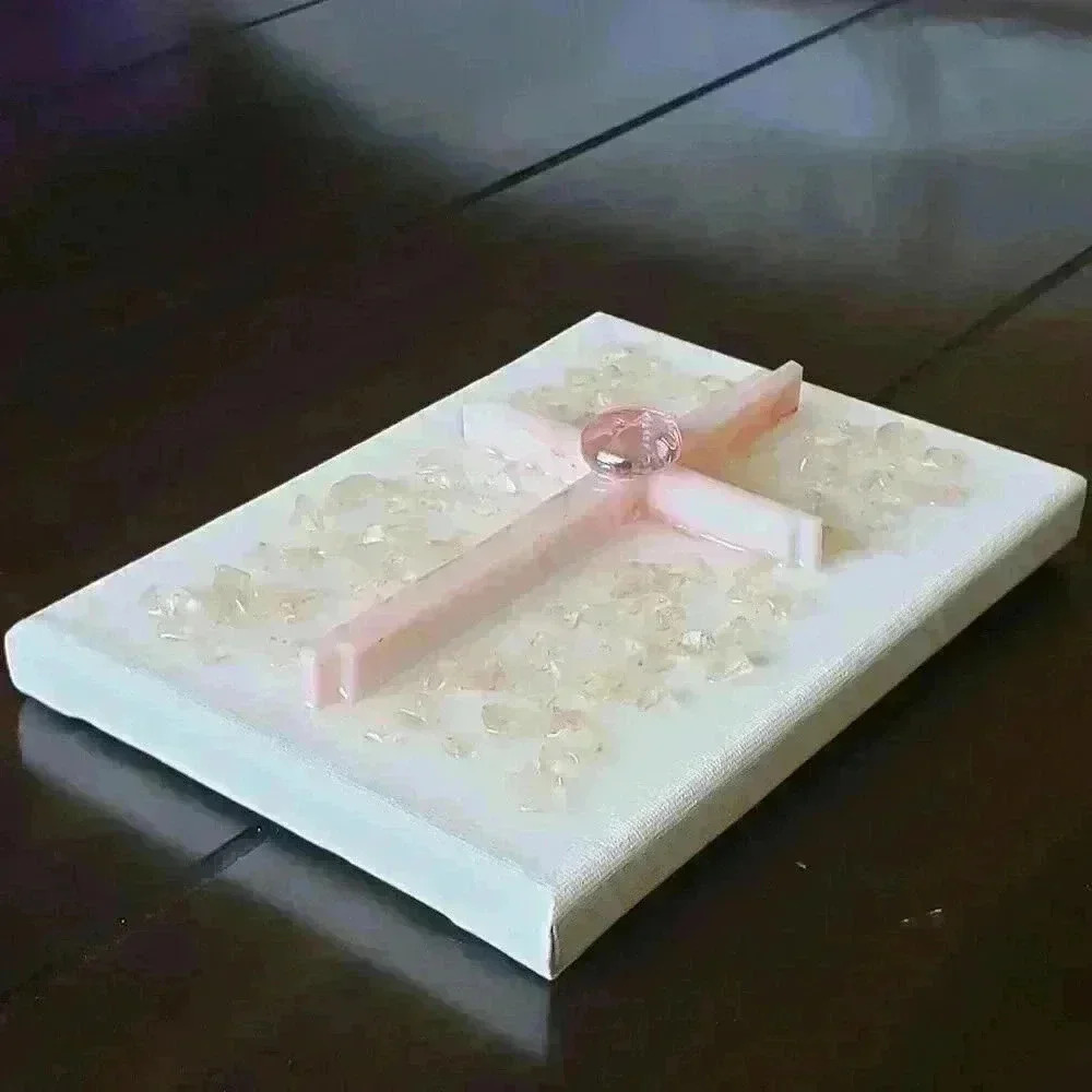 Pink Stained Glass Cross and Crushed Glass Resin Art on Canvas